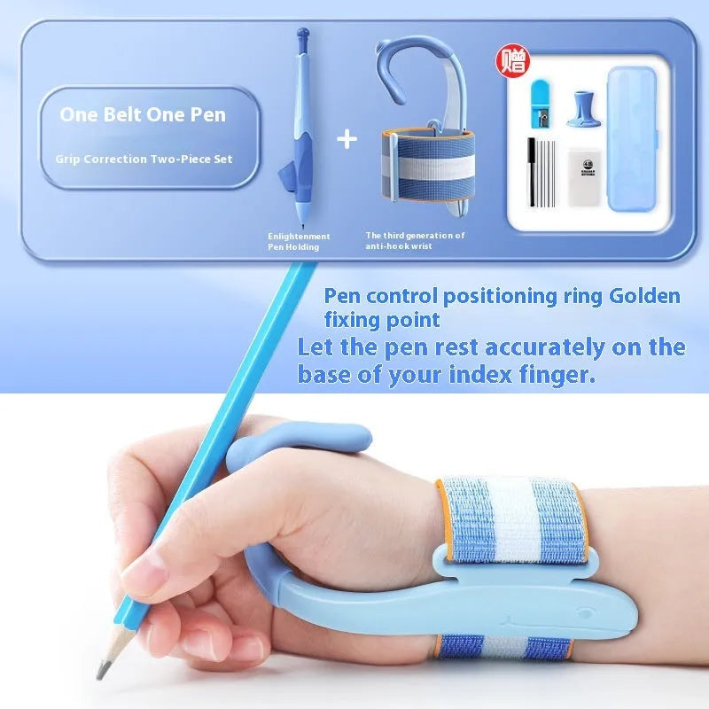 Blue anti-hook wrist brace and pen control corrector for children's writing posture on a table.