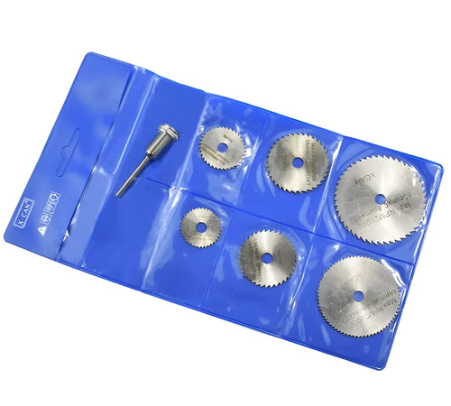 Six circular saw blades with mandrel for woodworking, high-speed steel construction