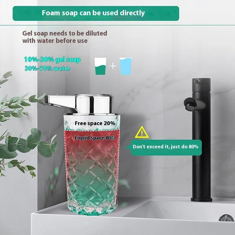 Automatic intelligent soap dispenser with silver-plated PET shell and Type-C charging port.