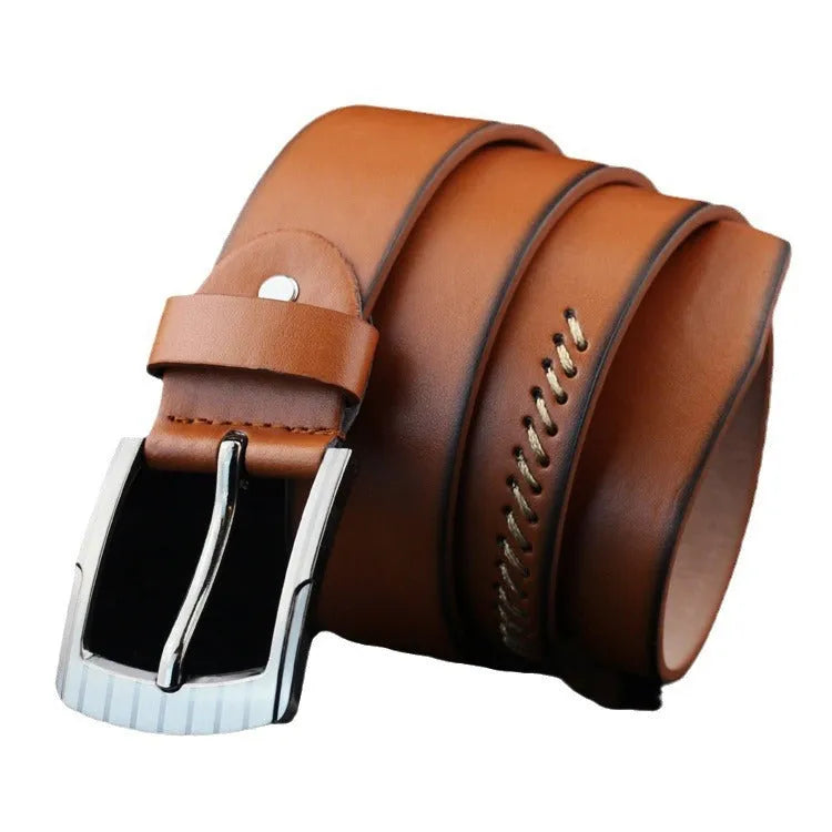 Men's retro style pin buckle casual belt in black with threading pattern, alloy buckle, 110cm length