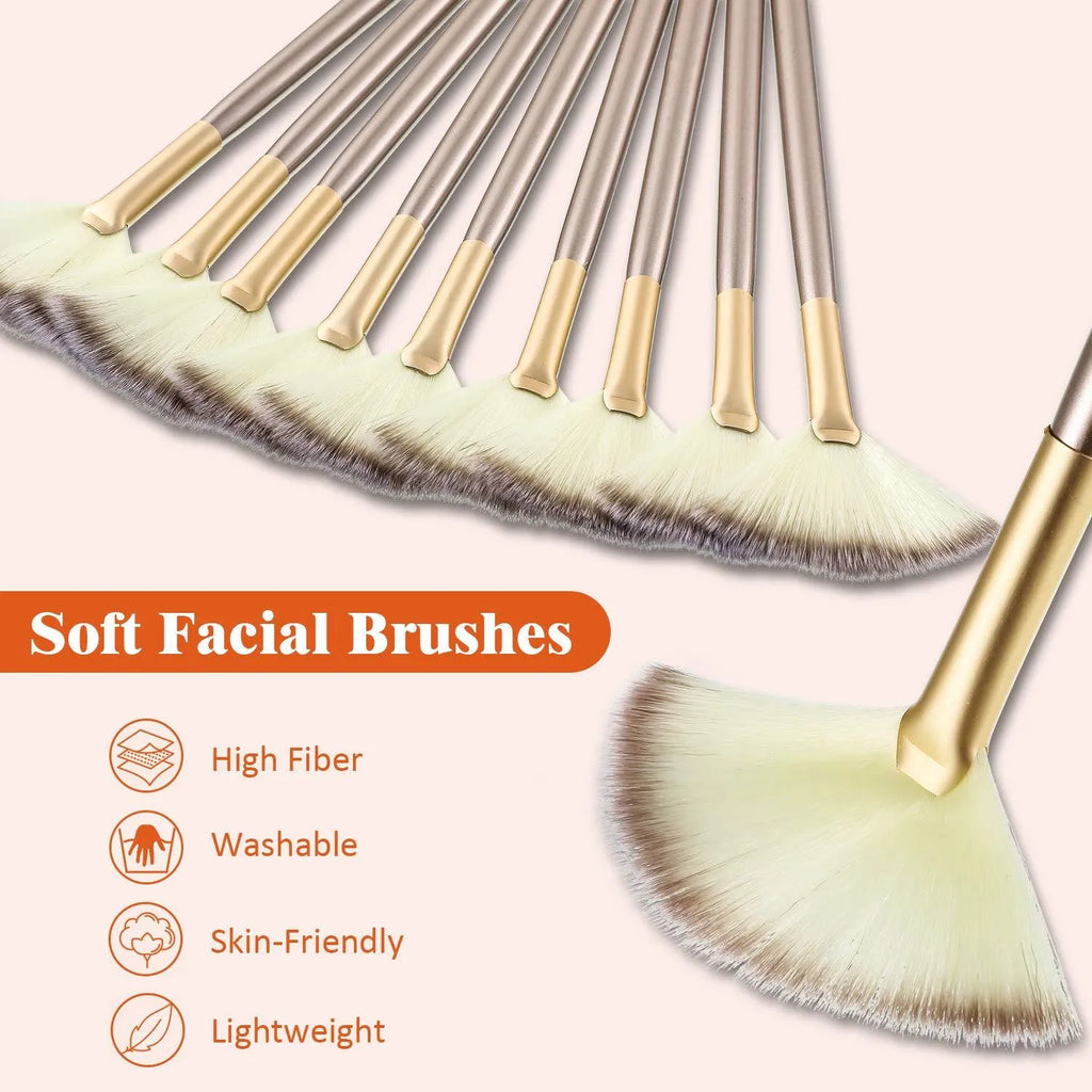 10 professional facial fan brushes with wooden handles and protective covers