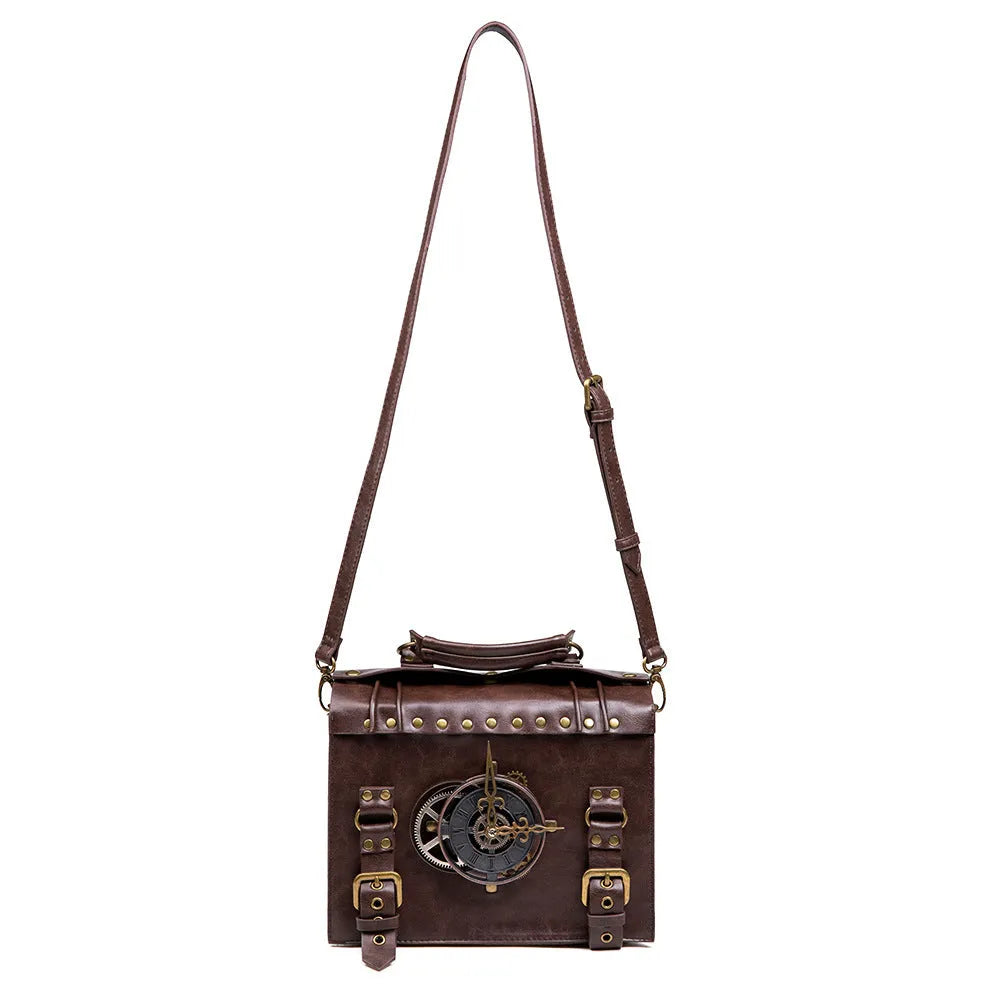 Bronze steampunk industrial retro shoulder bag with metal hardware and square pillow design