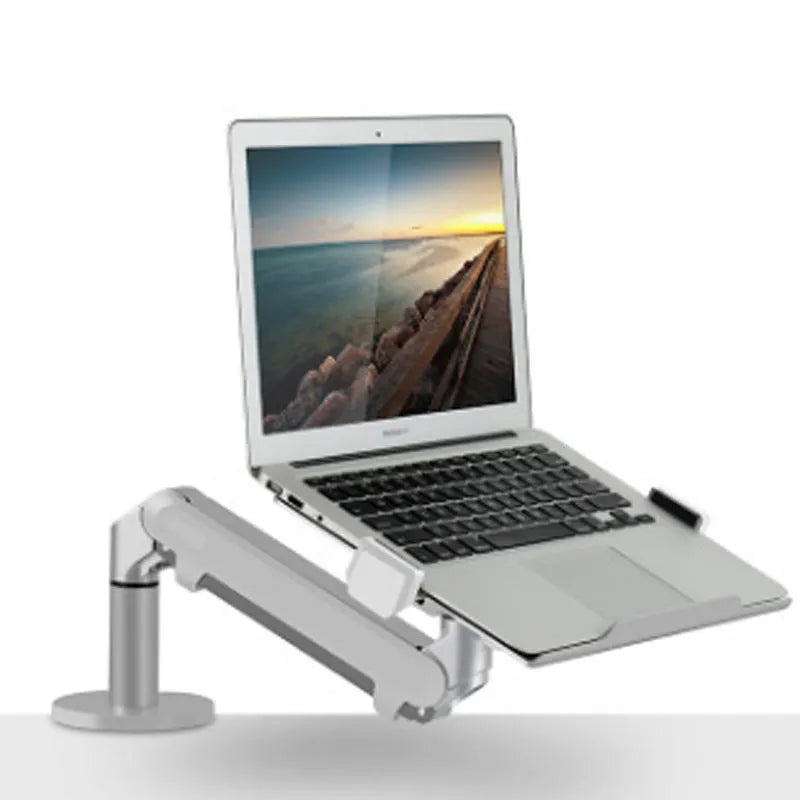 Aluminium alloy laptop stand with adjustable air pressure arm bracket in black and silver colours