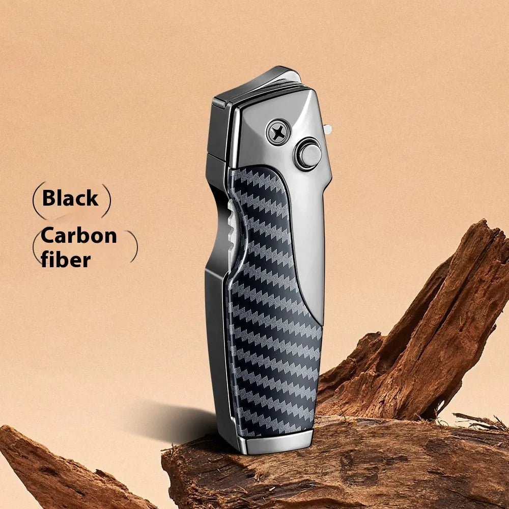 Zinc alloy folding knife and jet lighter multi-tool in black with wood grain finish, showing closed position.