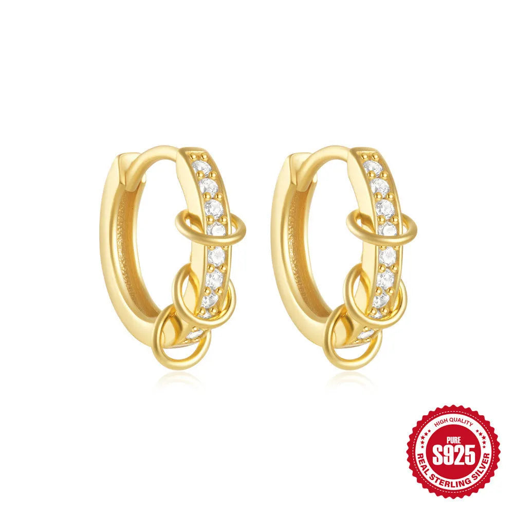 Sterling silver geometric stud earrings with small round diamond accents in gold or silver electroplated finish