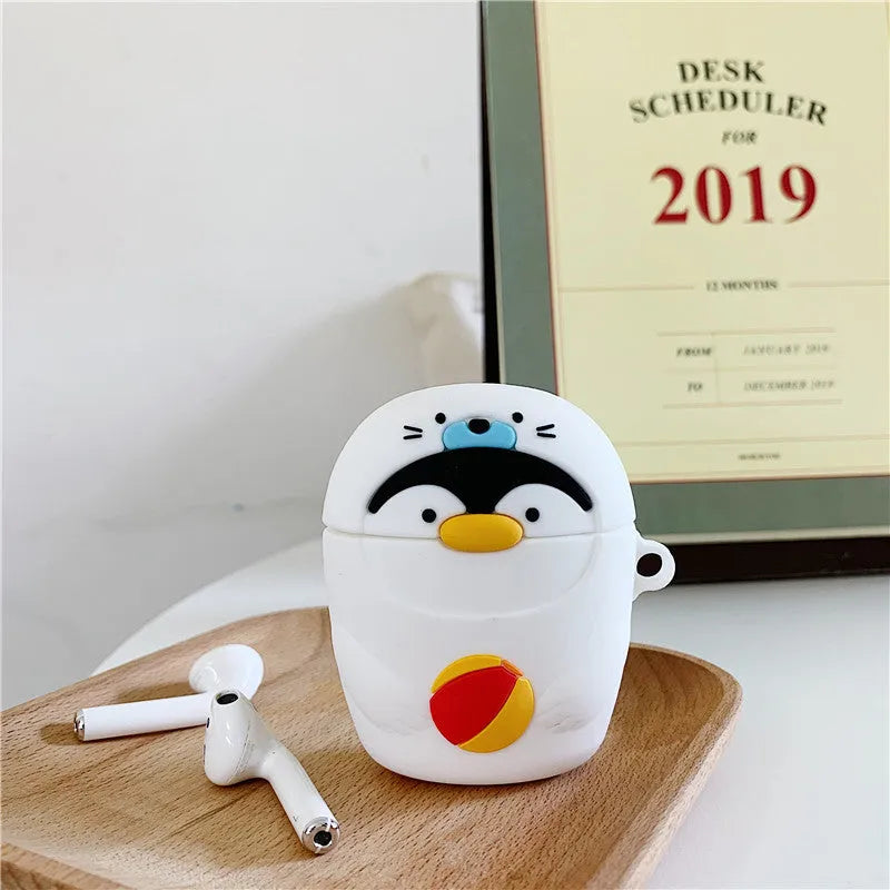 Silicone protective case for AirPods 1 2 generation with cartoon penguin design and hook