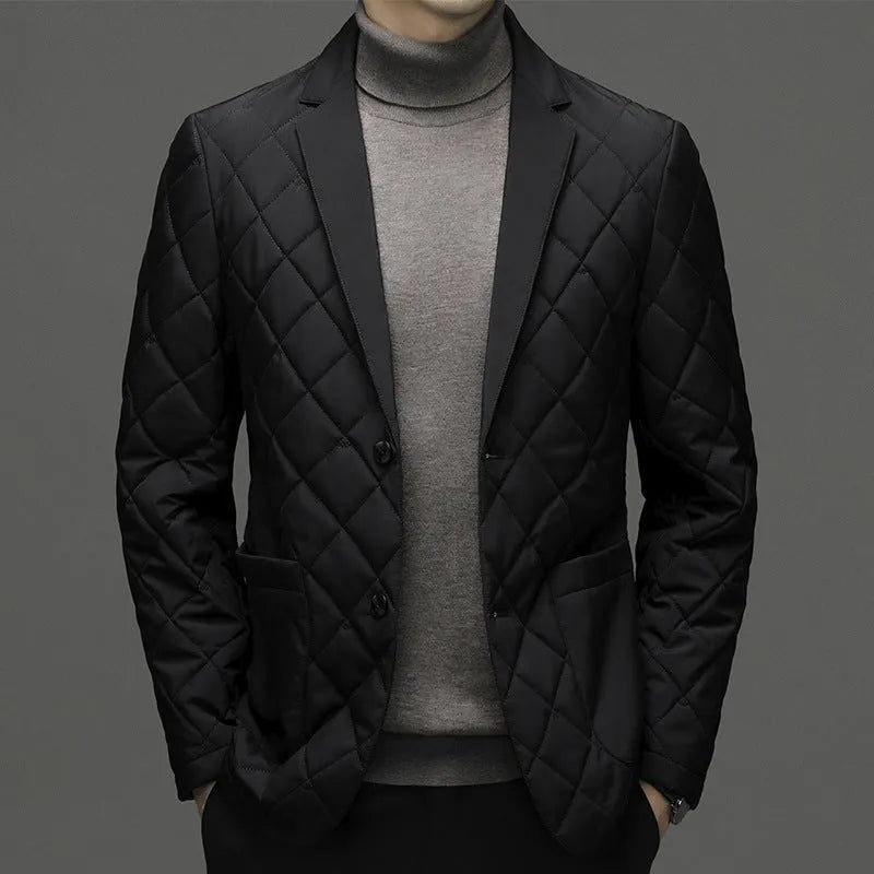 Men's black lapel cardigan style down jacket with side seam pockets, regular cut, Asian youth sizing