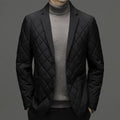 Men's black lapel cardigan style down jacket with side seam pockets, regular cut, Asian youth sizing