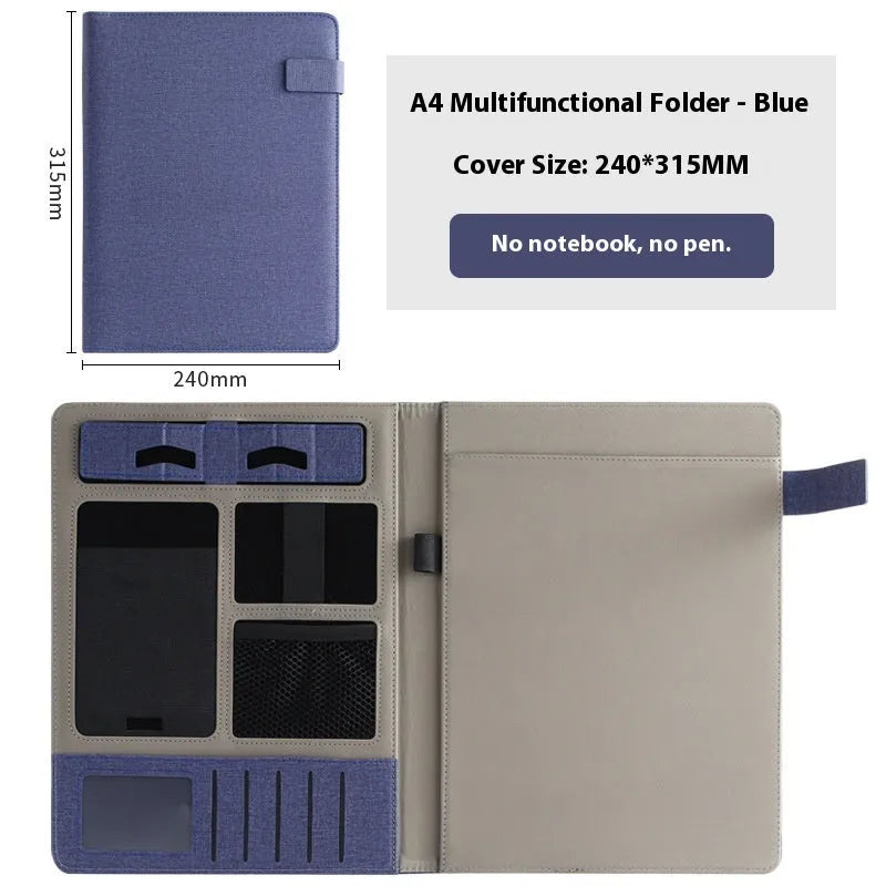 Black leather A4 business folder holding documents, with pen and notepad accessory options.