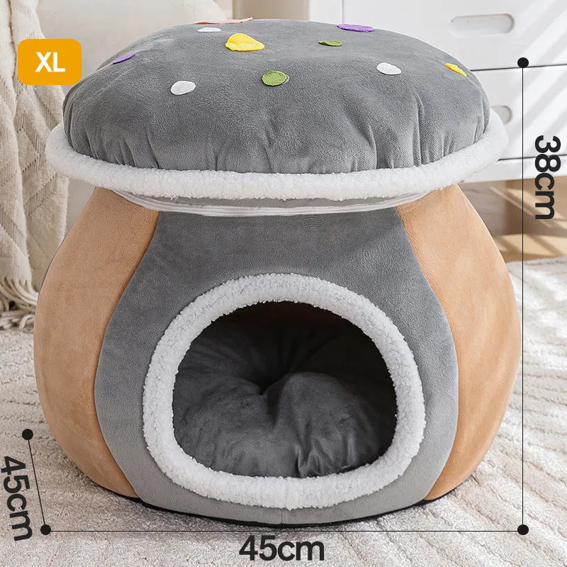 Purple mushroom-shaped plush cat bed for small pets on a grey background.
