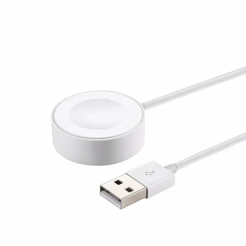 Portable wireless charger dock for Apple Watch in white, with USB cable and compact ABS body
