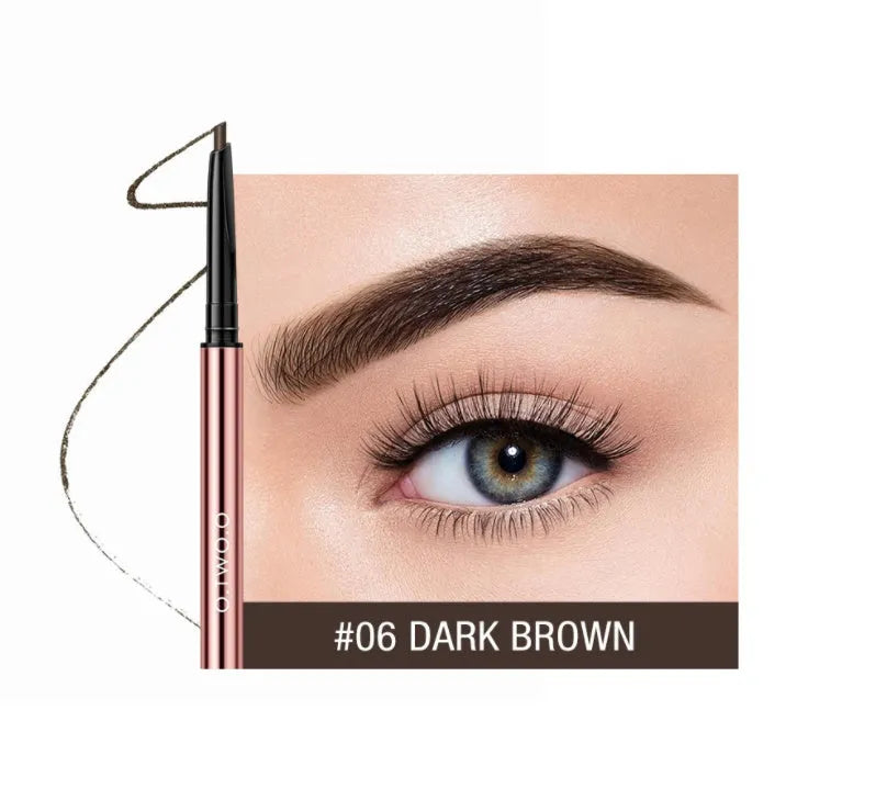 Triangular eyebrow pencil in plastic case with six shade options including blonde, taupe and dark brown