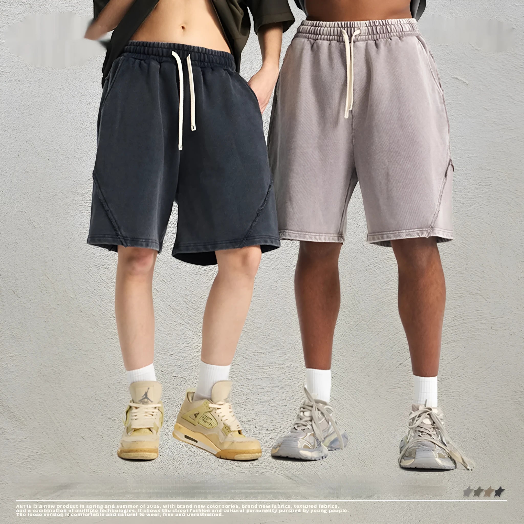 Men's heavy retro shorts in pure cotton terry fabric with batik colour options and loose street fashion style