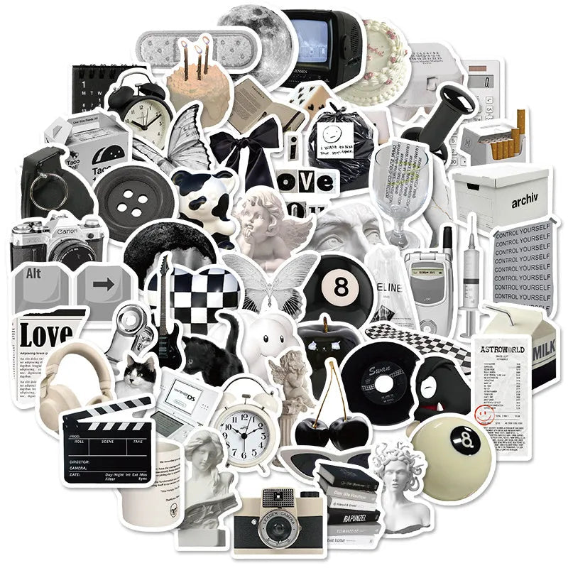 Black and white PVC waterproof sticker set with 61 pieces for laptop and phone decoration