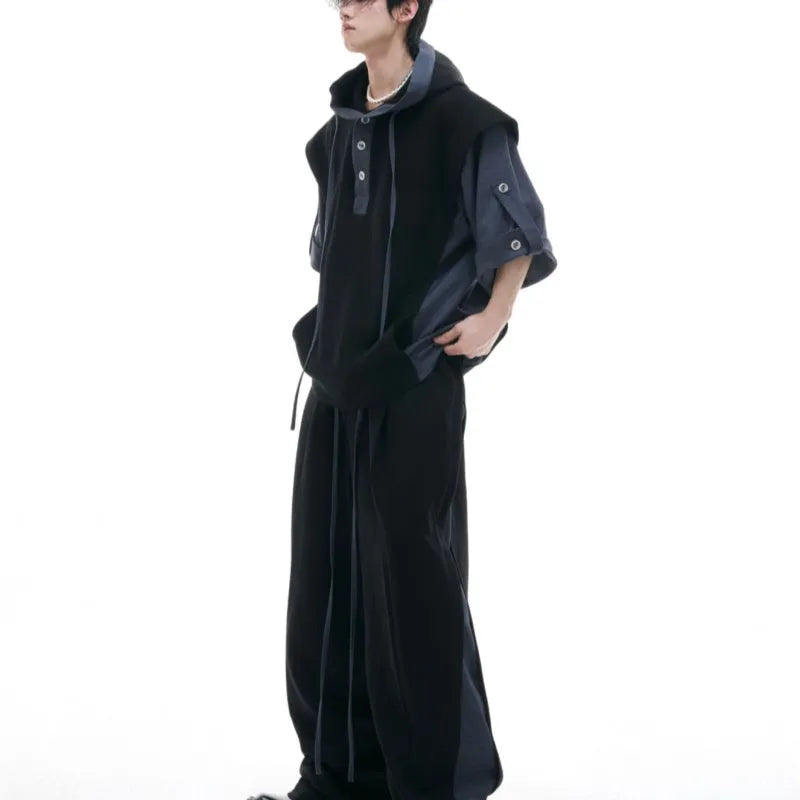 Men's black hooded short sleeve sportswear set with three-dimensional stitching on jacket and trousers