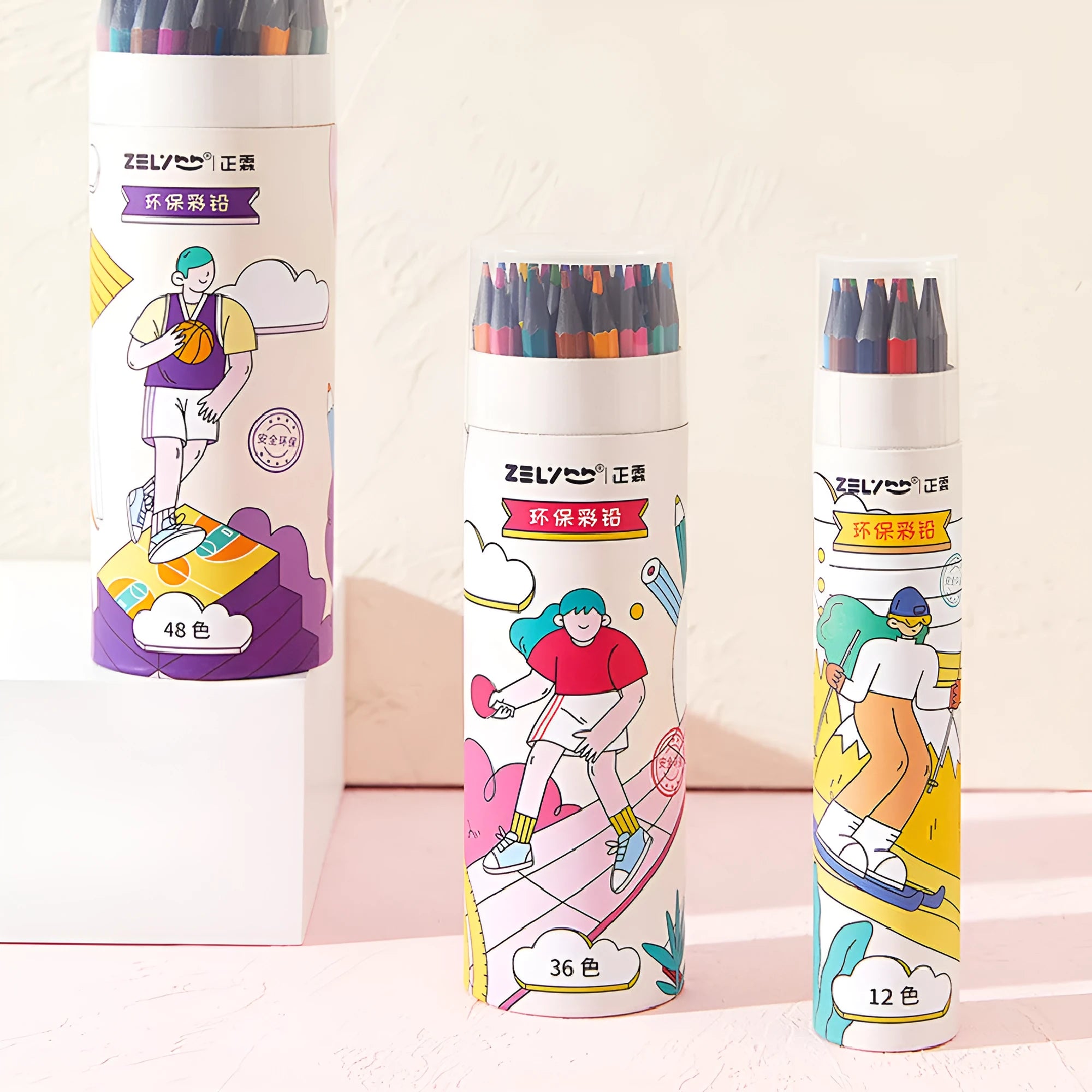 Zhenglin Sports Series colour pencils in 24 and 36 colour sets with paper barrels