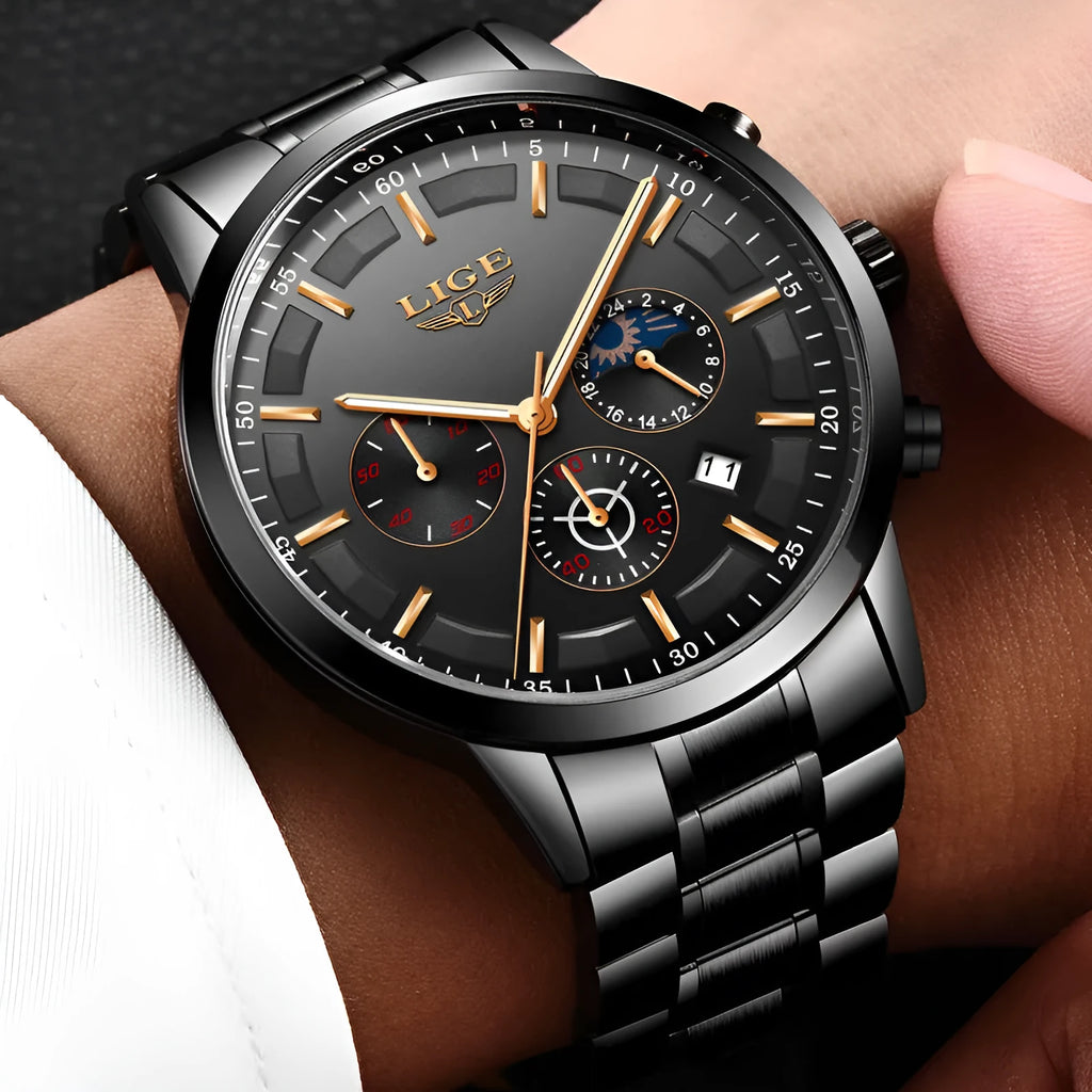 Men's waterproof quartz sports watch showing 12mm thickness and available colour combinations