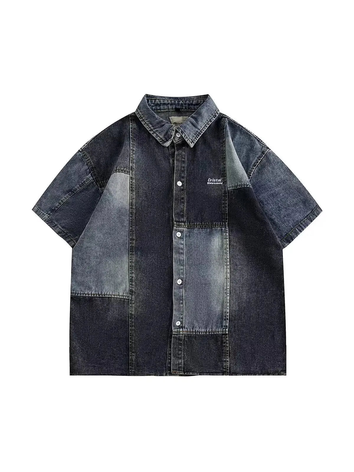 Blue men's denim shirt with Japanese retro washed stitching and cardigan-style design