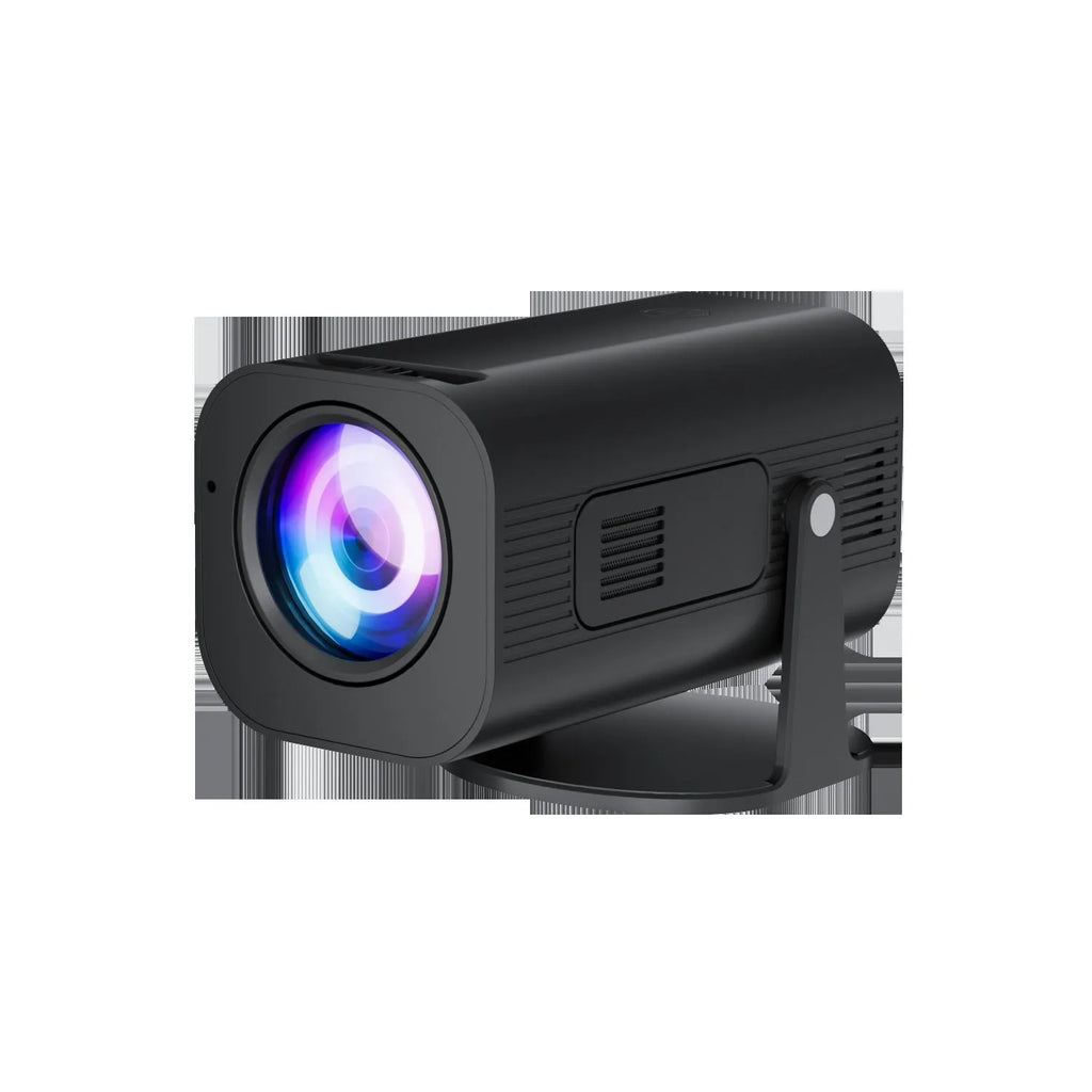 Black or white portable mini projector with remote control and power cord on plain background