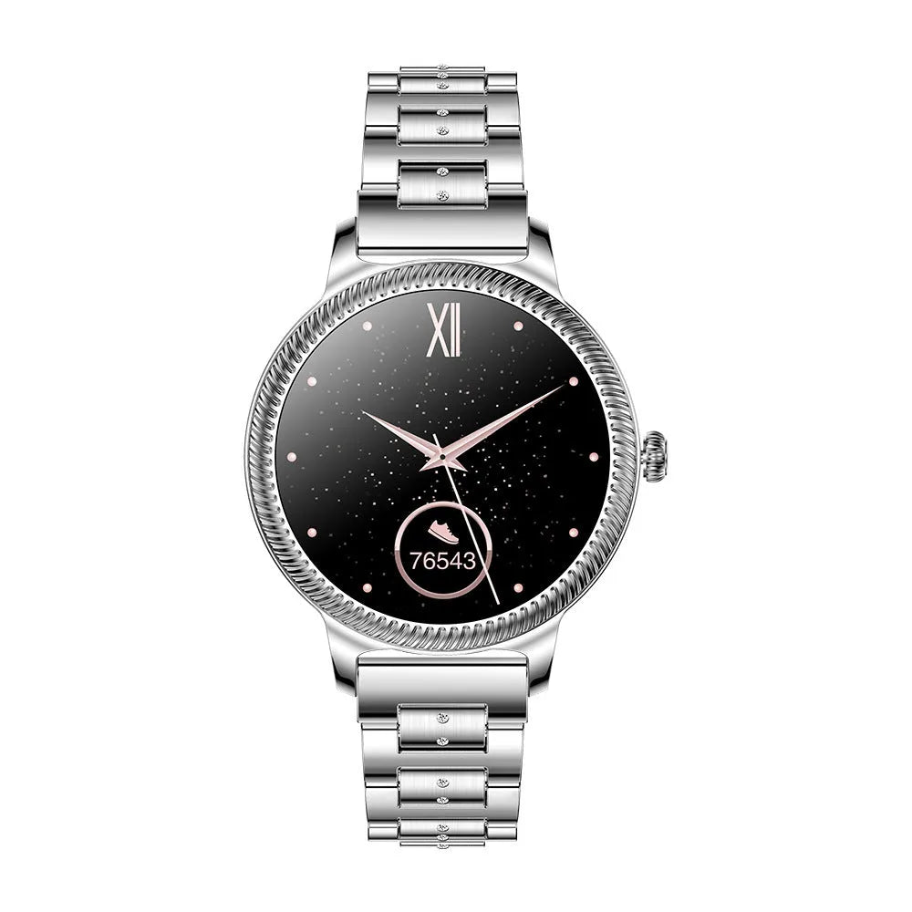 AK38 ladies smart watch with stainless steel Milanese strap and gold finish on wrist.