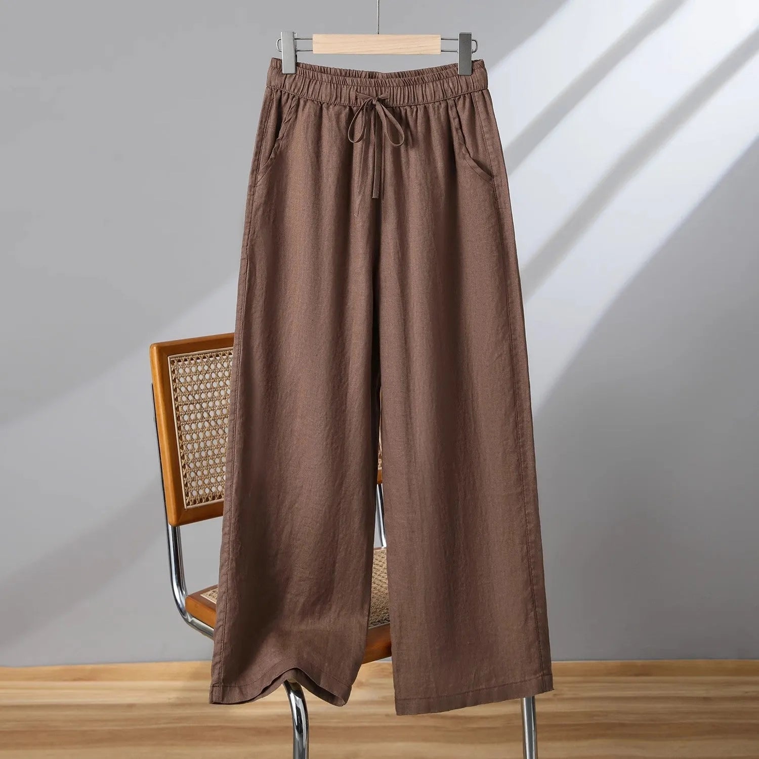 Women's straight-leg casual pants with elastic drawstring waist in apricot colour