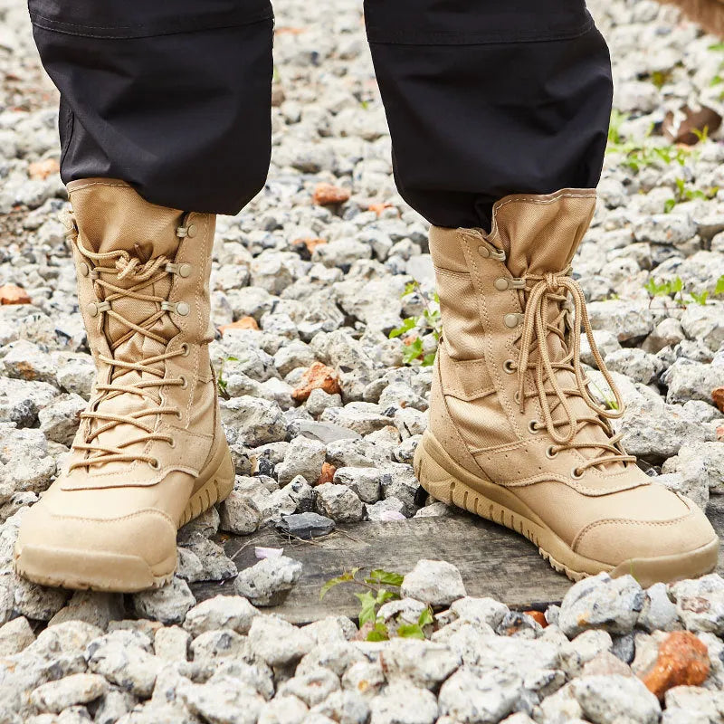 Yulong tactical combat desert boots in black and sand colour options for outdoor sports.