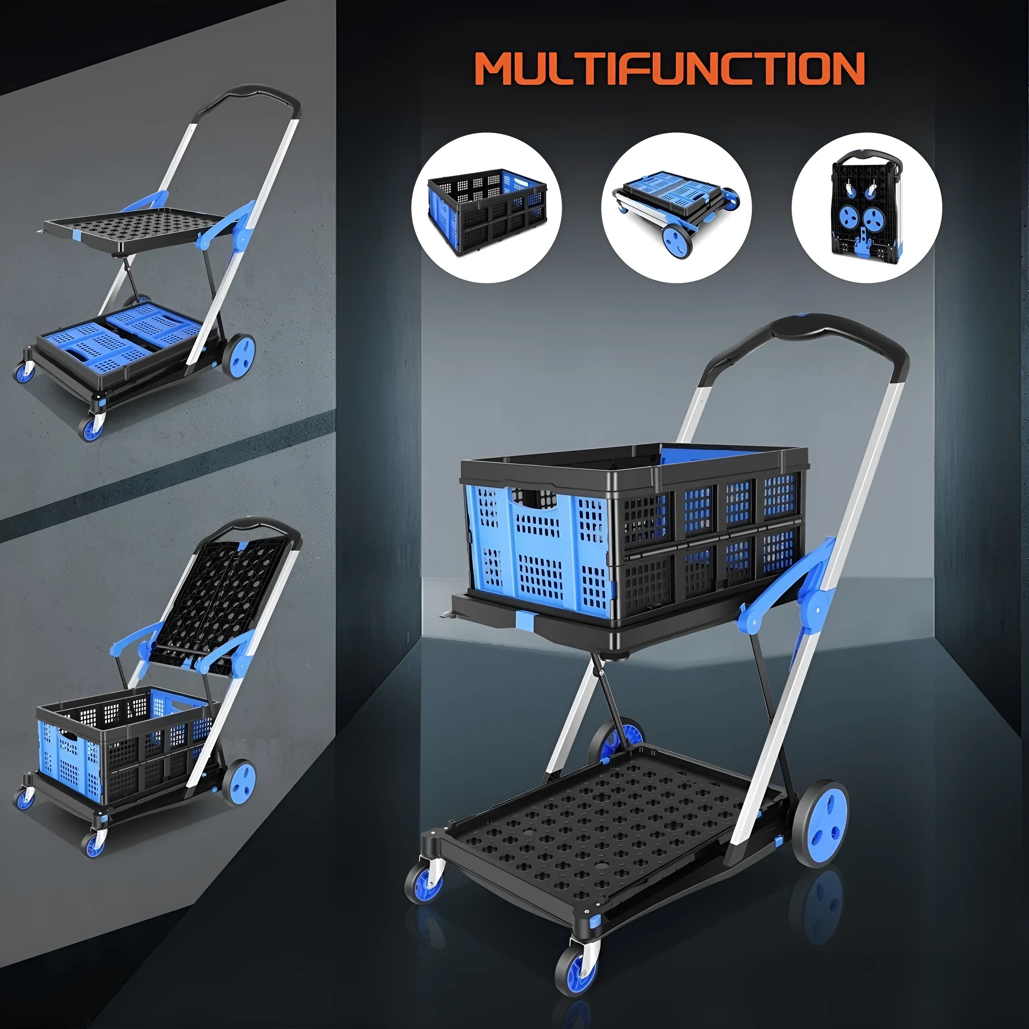 Blue foldable shopping cart with two plastic baskets, shown in its unfolded state.