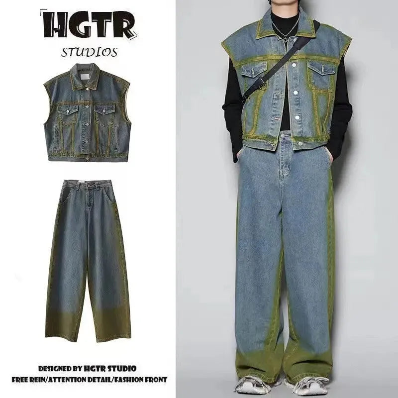 Distressed denim vest and jeans set with spray colour gradient effects and fleece lining