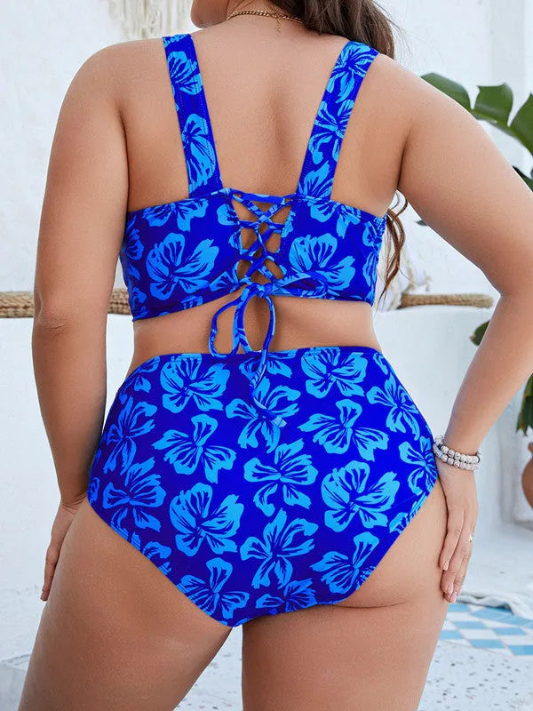 Blue floral plus-size split bikini swimsuit for adult women