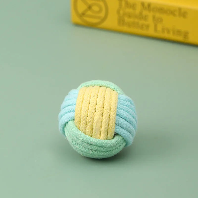 Handmade plush cotton ball cat toy in blue pink, green blue, and pink green colours, shown at 5cm size.