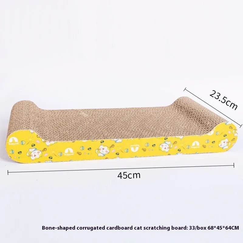 Wall-mounted cat scratch board in decorative shape made from corrugated paper with leather hanging tab