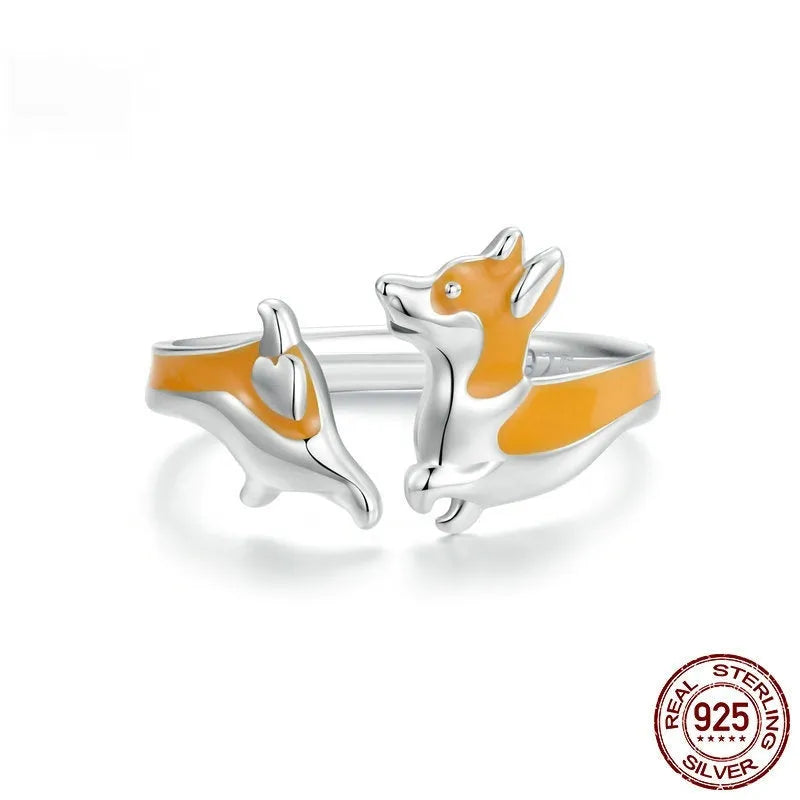 Silver-colour ring with a detailed cartoon corgi design for women.