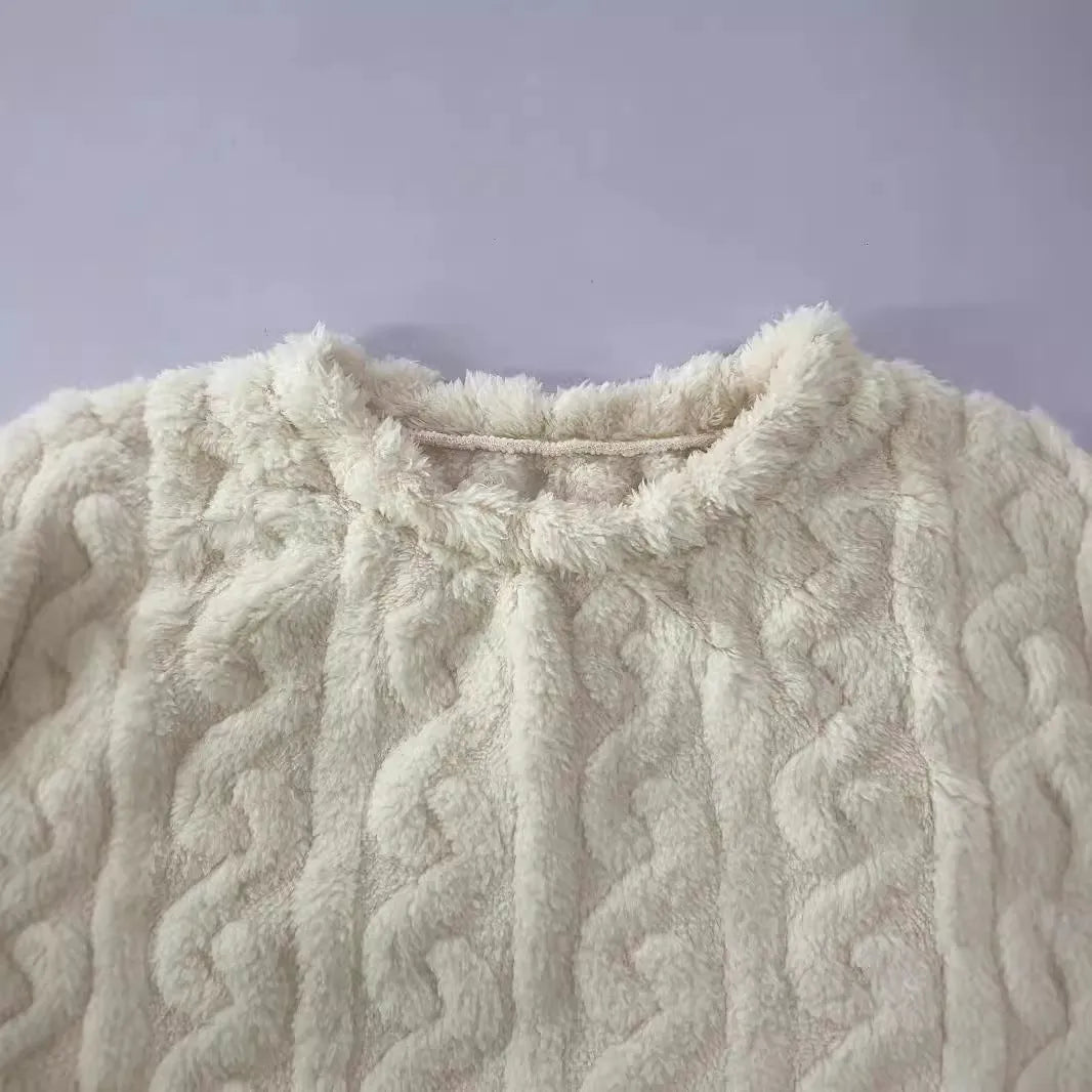 Women's creamy white plush polyester long-sleeve two-piece lounge set with crew neck top and trousers