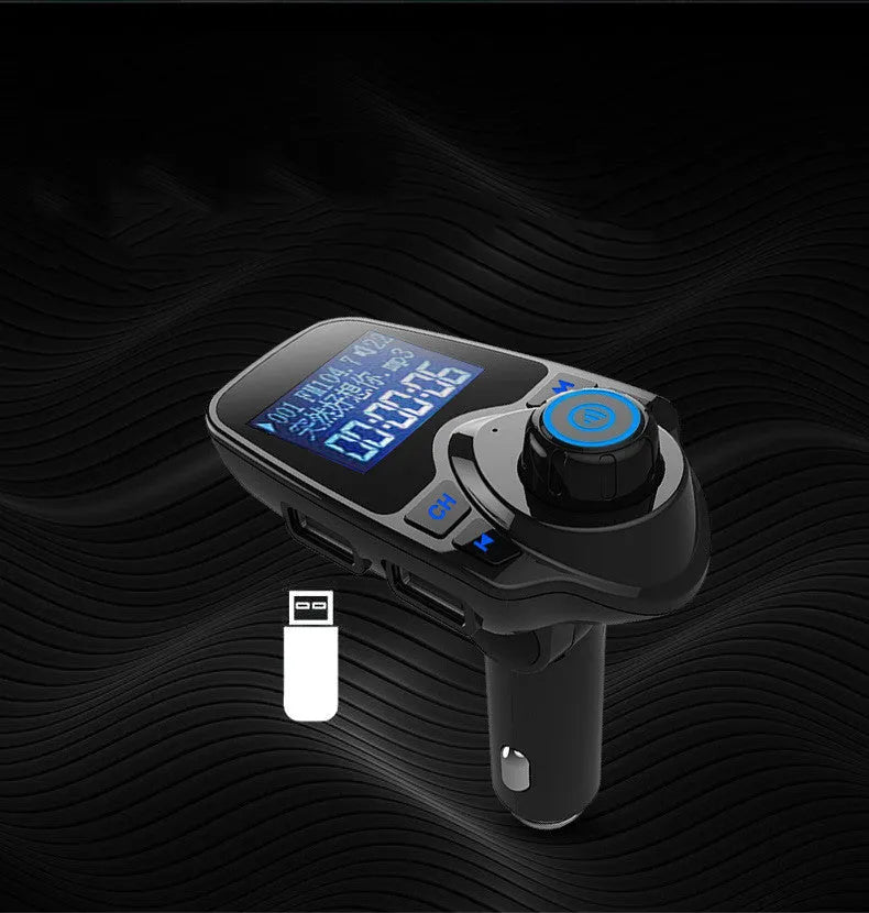 Black car Bluetooth hands-free FM transmitter with USB port and TF card slot.