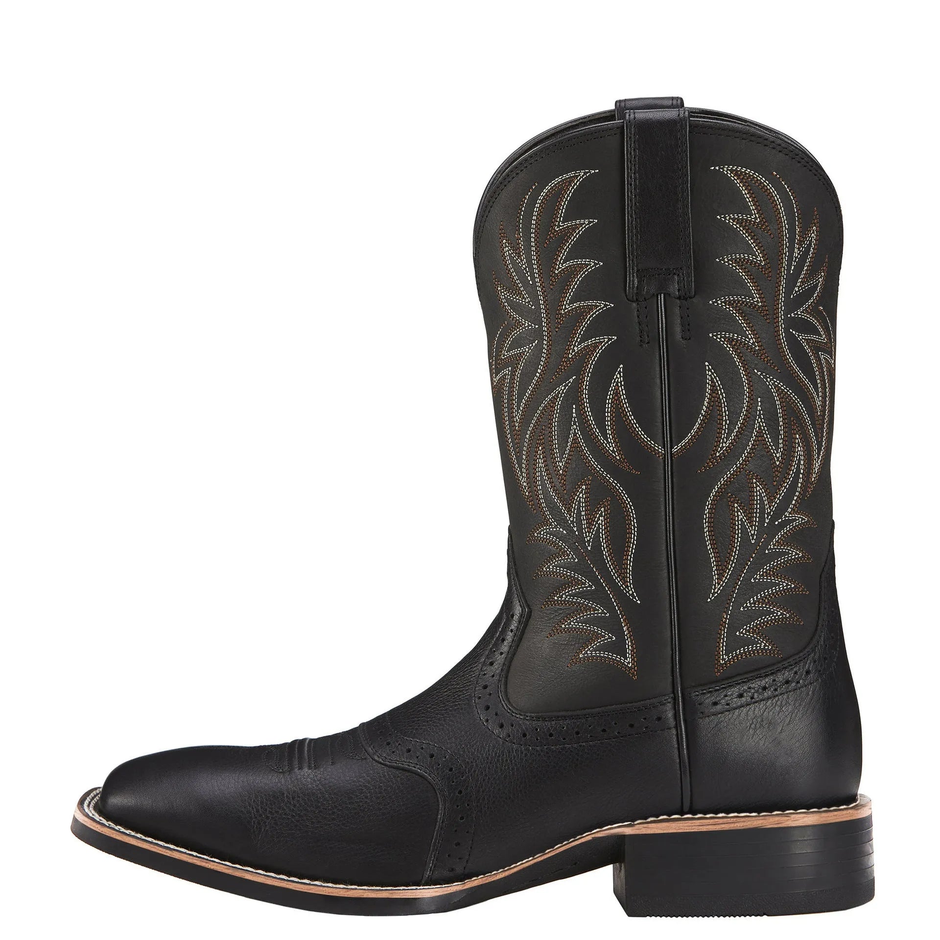 Men's black embroidered cowboy boots with square toe and horseshoe heel on a plain background.