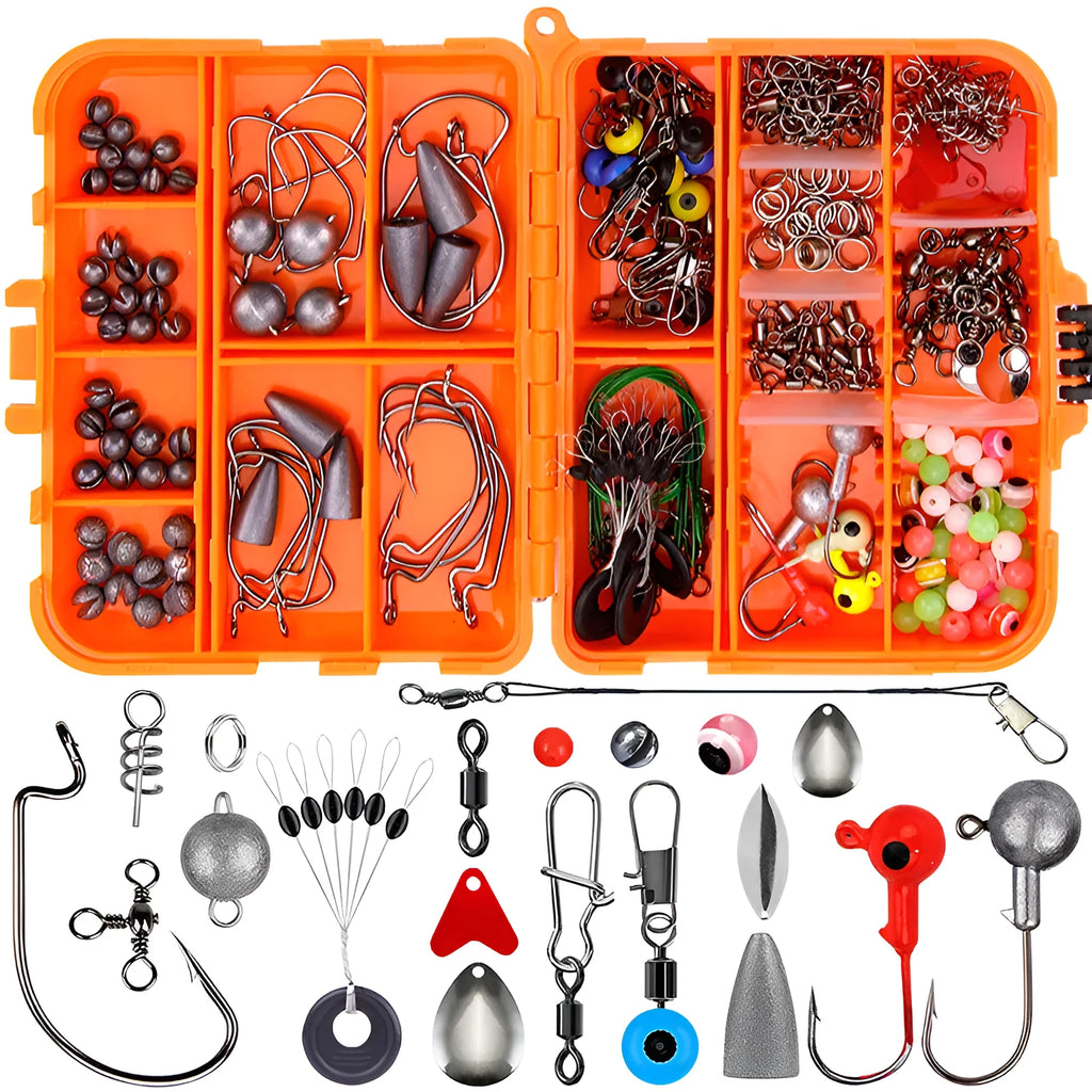 Weihe orange ABS fishing tackle box open to show assorted lures and hooks