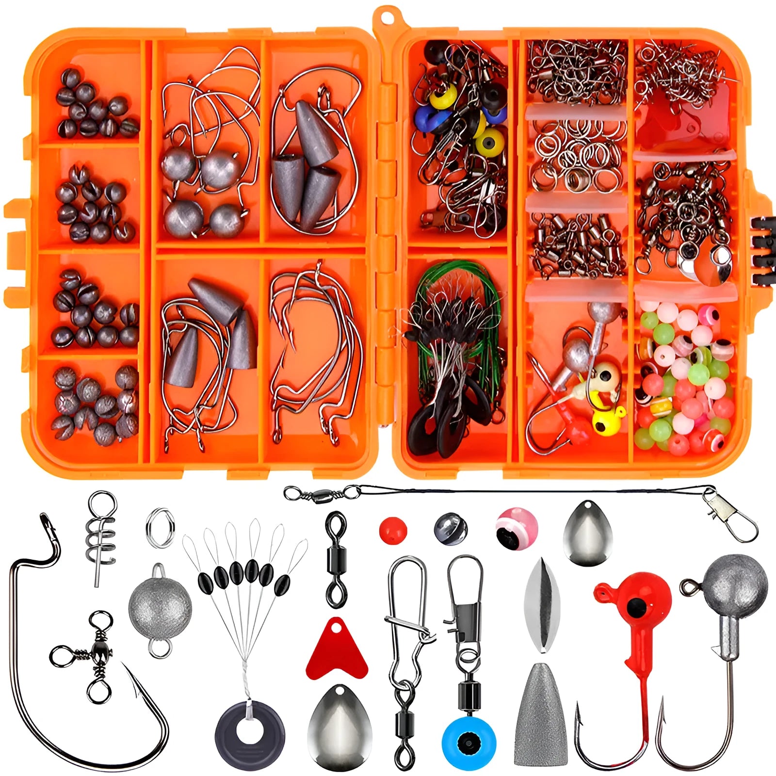 Weihe orange ABS fishing tackle box open to show assorted lures and hooks