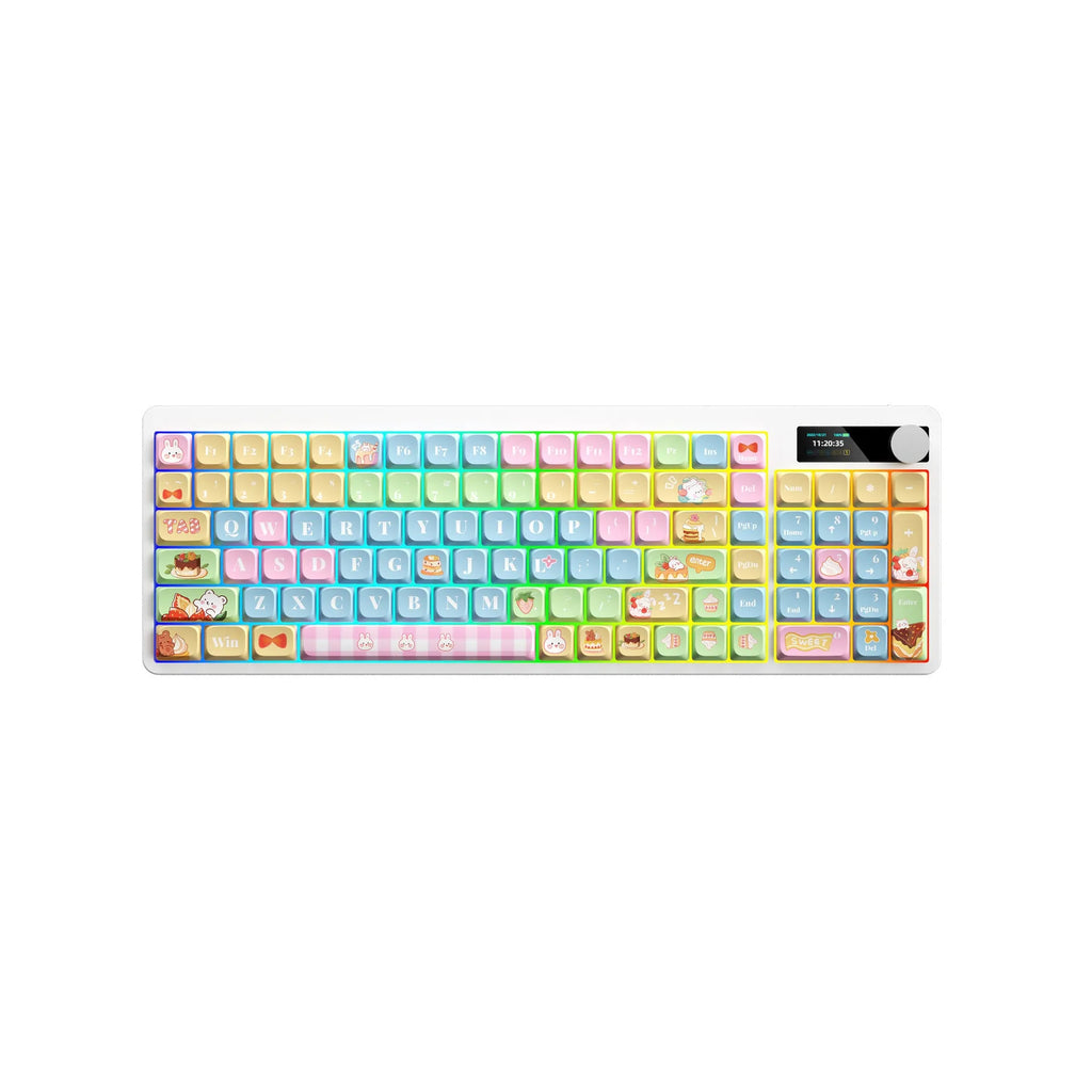 Black mechanical keyboard with RGB backlight showing full key layout and compact 397mm design