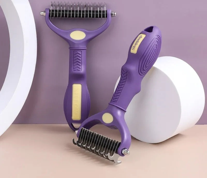 Purple plastic double-sided pet comb for removing knots from dog and cat fur