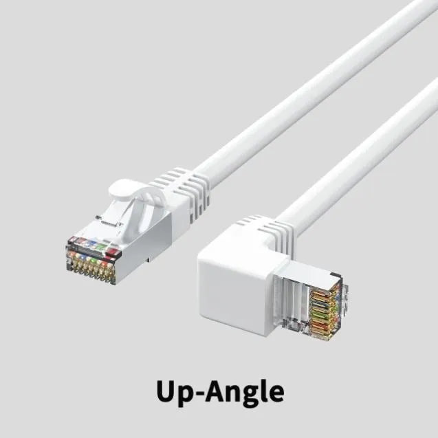 Right-angled Cat6 Ethernet cable with metal connector in various colours including black, red, and yellow.