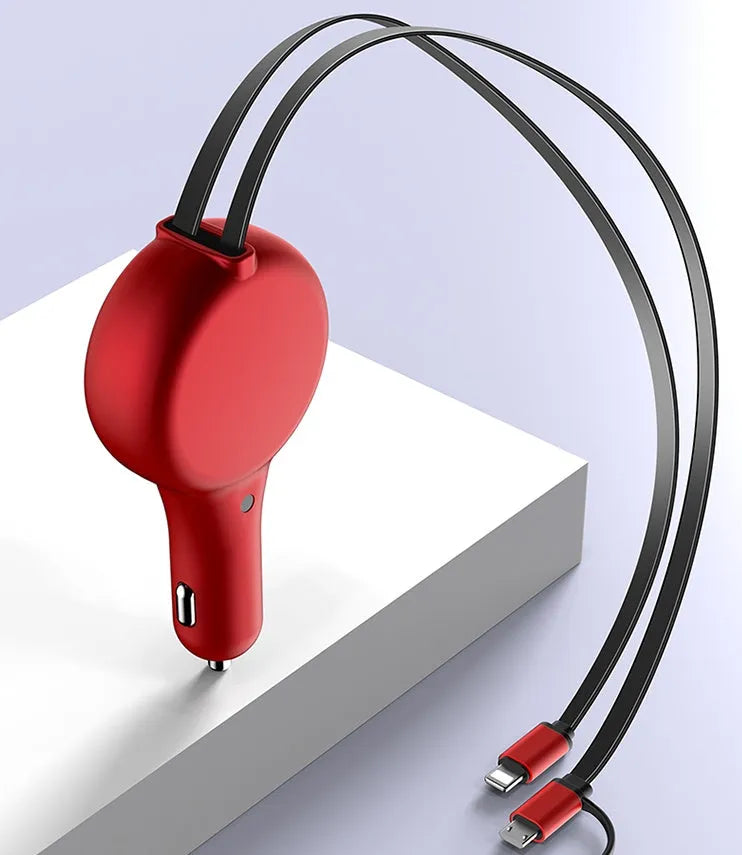 Retractable car charger with extended cables showing Type-C and USB-A charging heads in black or red colour