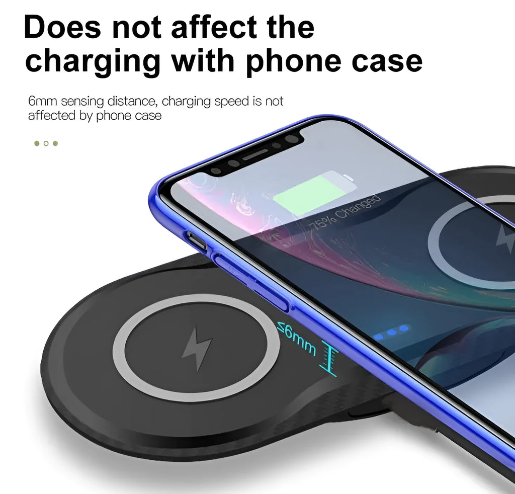 Black and white dual wireless charging pad showing two phones charging simultaneously