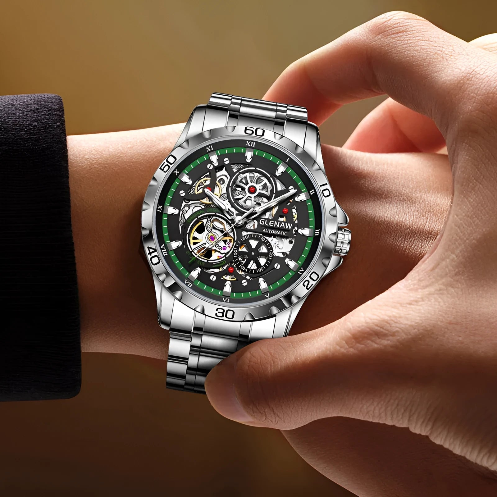 Men's automatic mechanical watch with hollow-out design showing movement and luminous markers on stainless steel strap