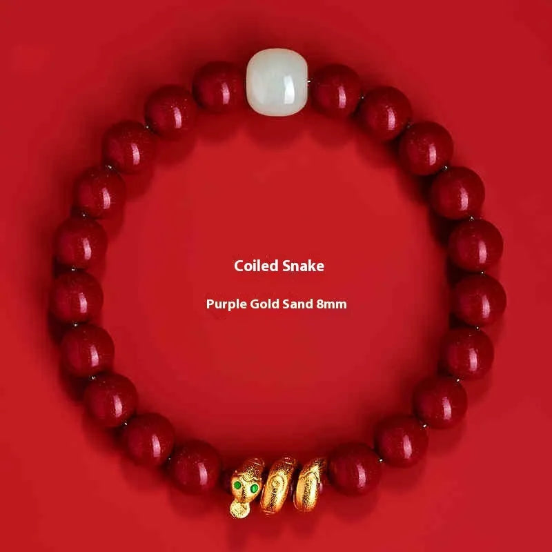 Handmade Chinese Zodiac snake charm bracelet made from cinnabar, showing 8mm beads.