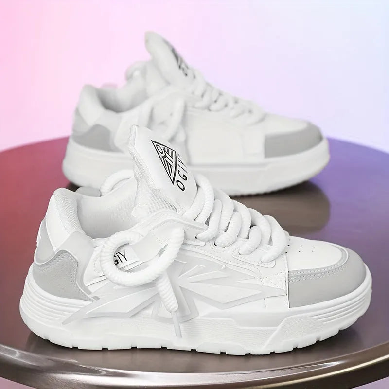 Men's white chunky sole sneakers with cartoon totem pattern and front lace-up design.