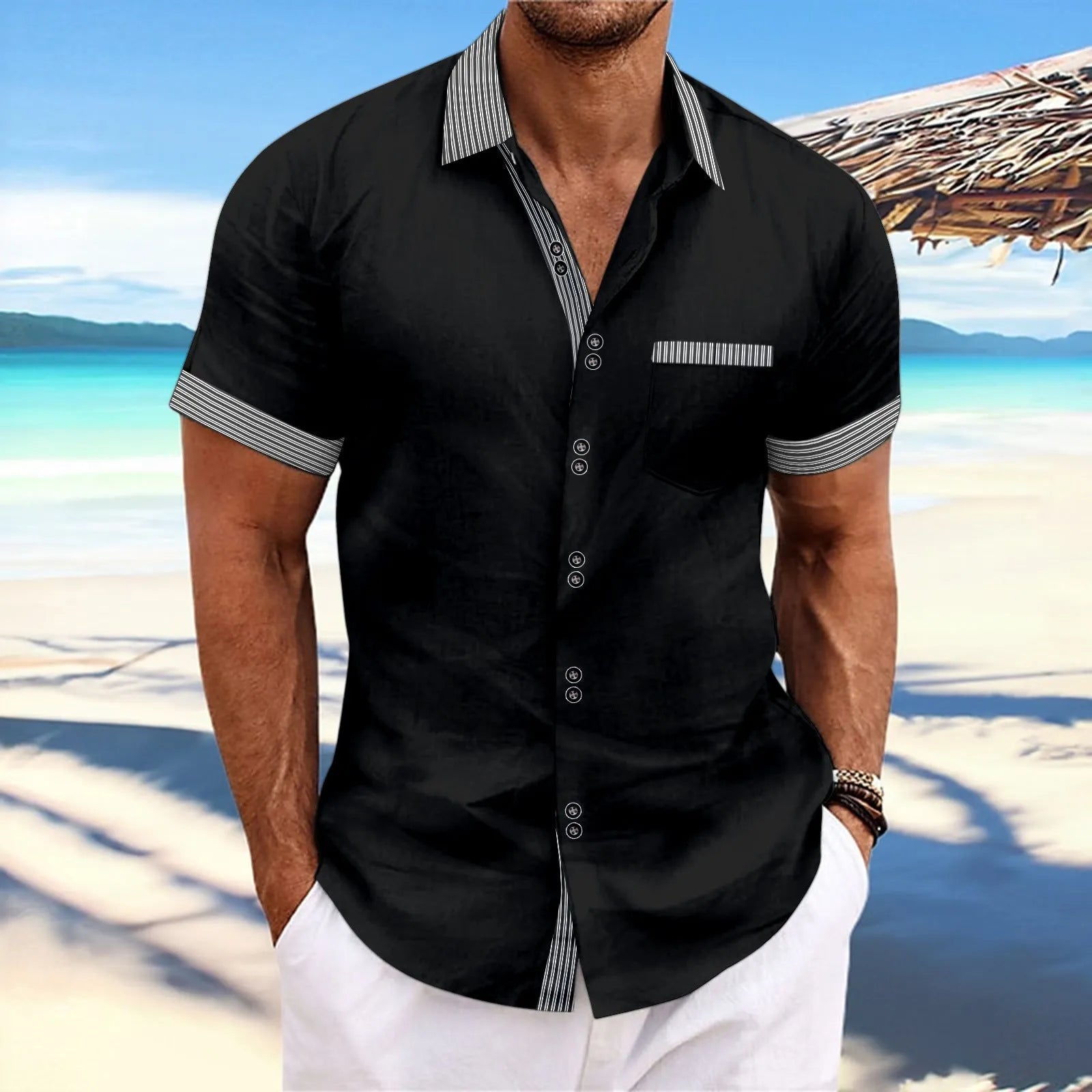 Men's slim fit striped casual shirt in pure cotton with double button short sleeves.