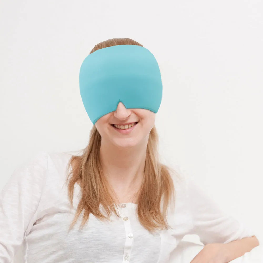 Cold therapy gel eye mask for headache relief in black colour on forehead