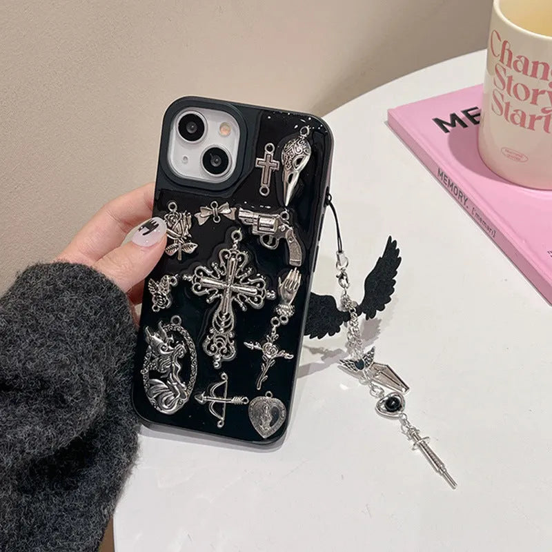 Ins retro dark wind epoxy cross phone case for iPhone showing three-dimensional cross pendant on all-inclusive protective shell