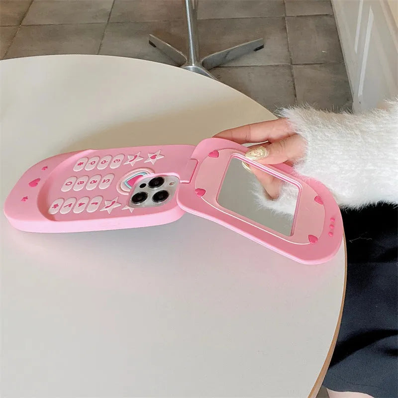Light pink silicone flip phone case with mirror for iPhone models