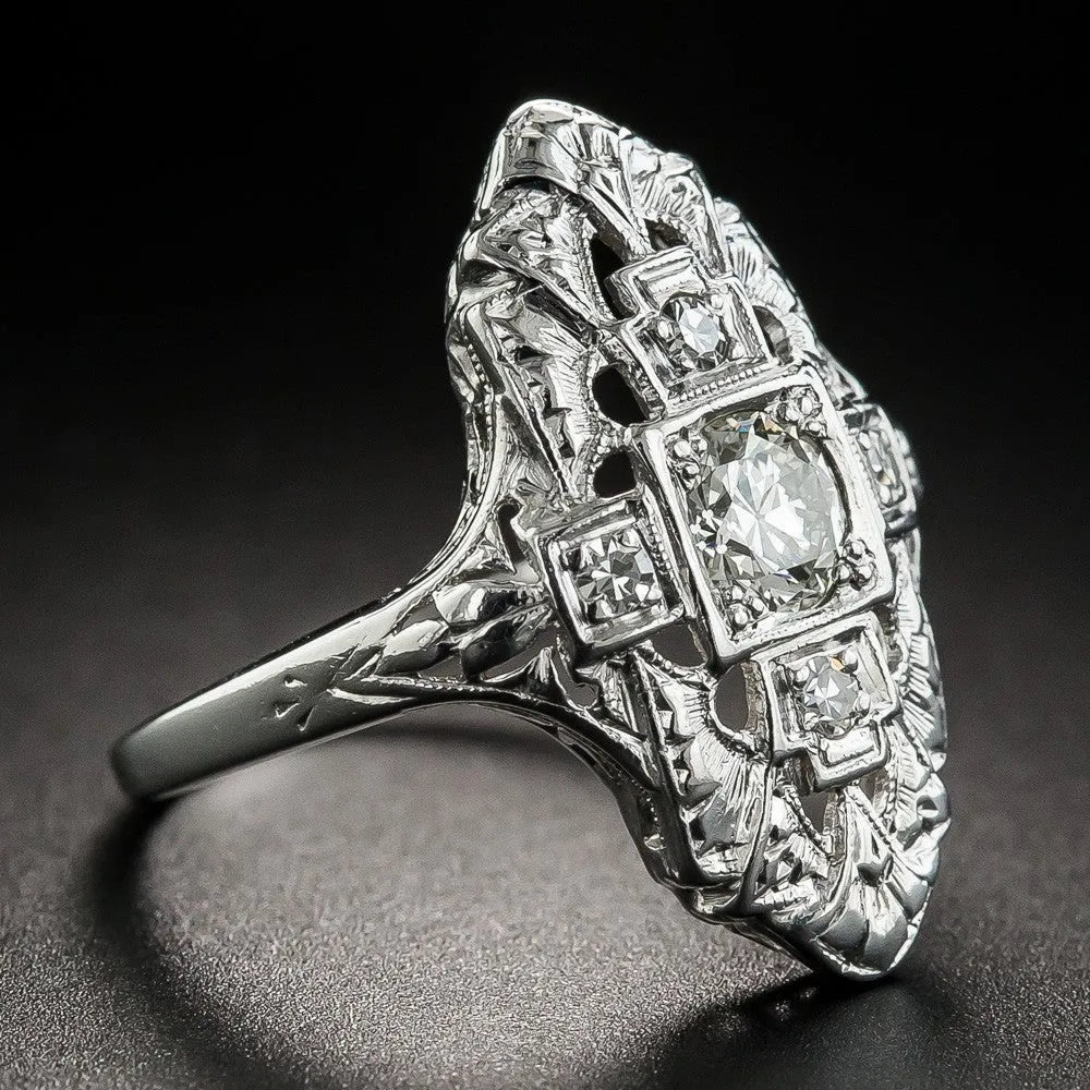 Hollow geometric copper ring with diamond studs in silver electroplated finish